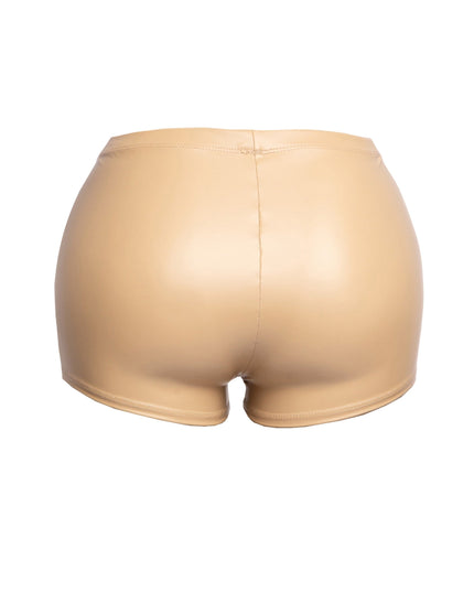 Back angle of nude bodycon shorts showing seamless PU-like texture

