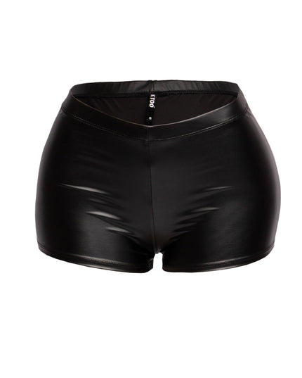 Matte black mini shorts with sleek waistband and curve-hugging fit

