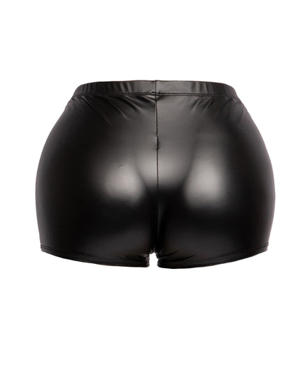 Rear view of high waist black PU-look shorts with bodycon stretch design


