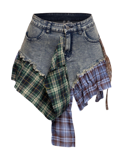 Distressed Denim Mini Skirt with Plaid Patchwork - Muvin 