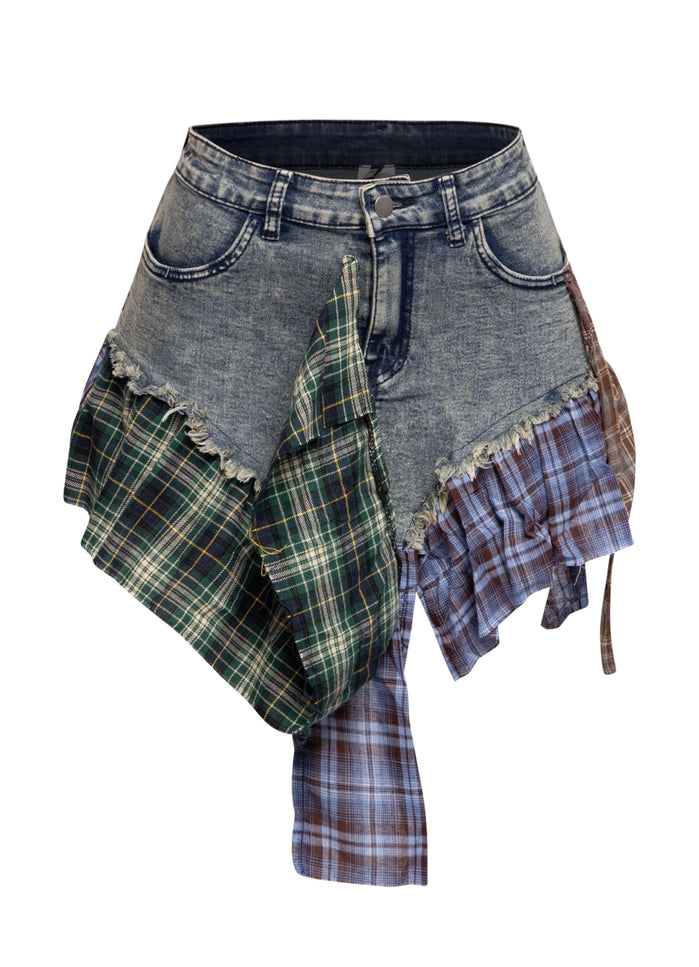 Distressed Denim Mini Skirt with Plaid Patchwork - Muvin 