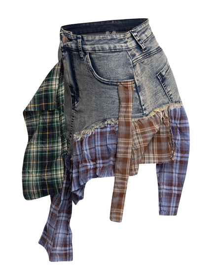 Distressed Denim Mini Skirt with Plaid Patchwork - Muvin 