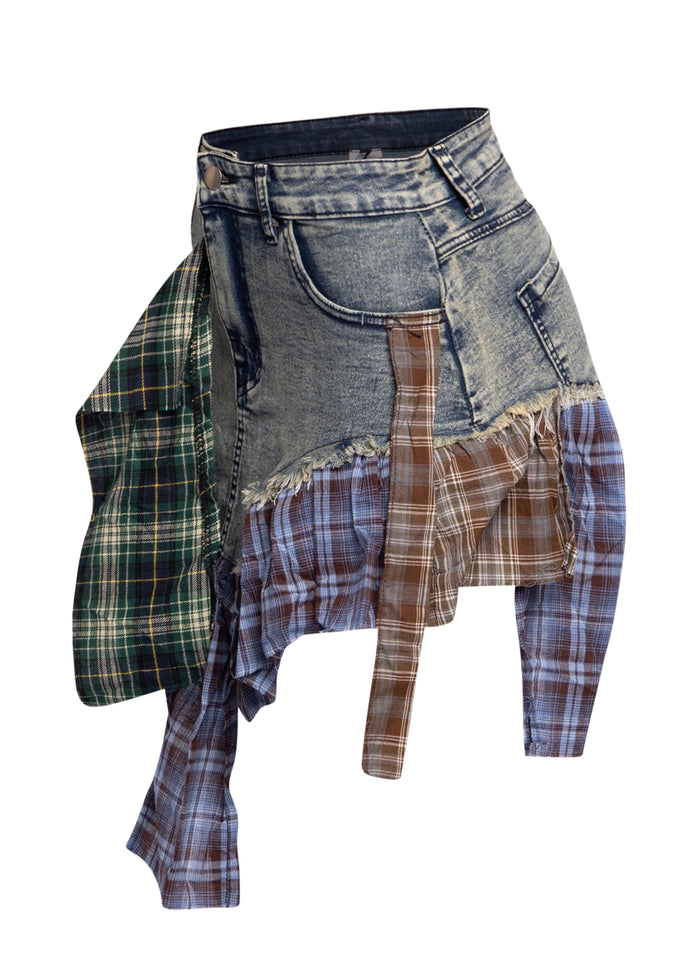 Distressed Denim Mini Skirt with Plaid Patchwork - Muvin 
