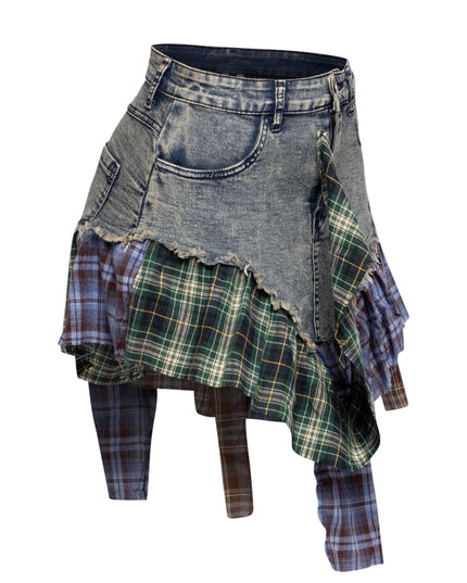 Distressed Denim Mini Skirt with Plaid Patchwork - Muvin 