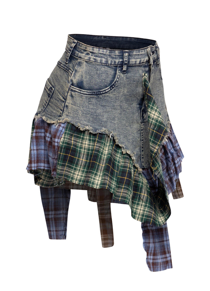 Distressed Denim Mini Skirt with Plaid Patchwork - Muvin 