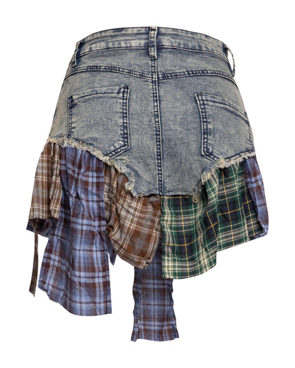 Distressed Denim Mini Skirt with Plaid Patchwork - Muvin 