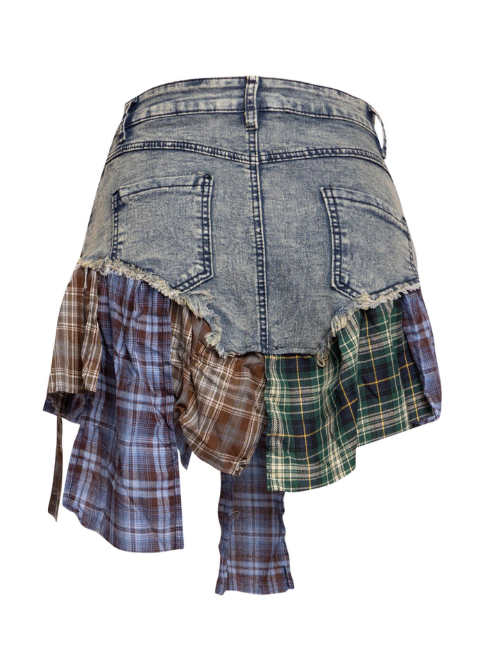 Distressed Denim Mini Skirt with Plaid Patchwork - Muvin 