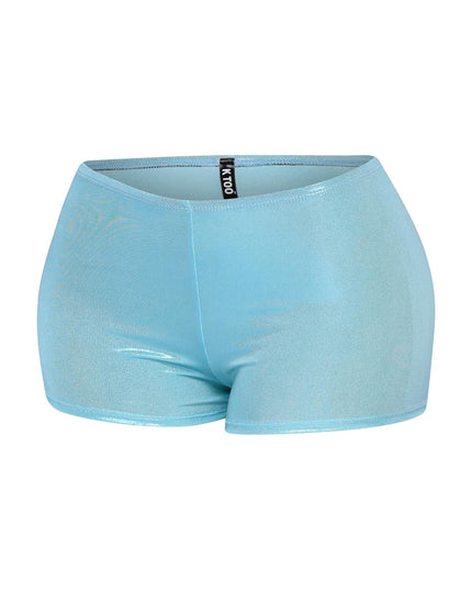 Bright turquoise fitted shorts with elastic waistband and sleek curves
