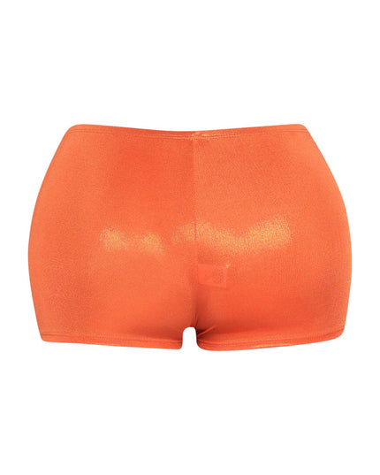 Bold orange short shorts with second-skin fit and sleek hemline