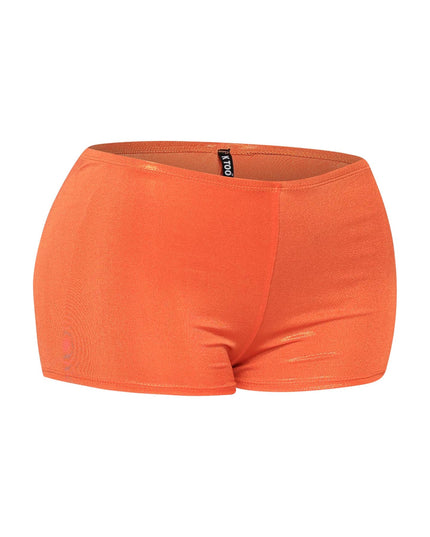Vibrant orange glossy hot pants in stretchy sculpting fabric