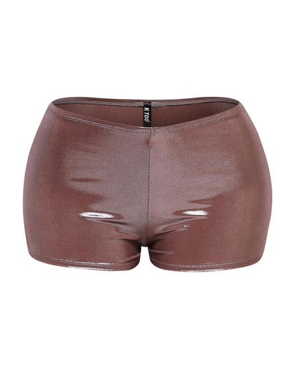 Mocha metallic shorts with body-hugging stretch and glossy finish