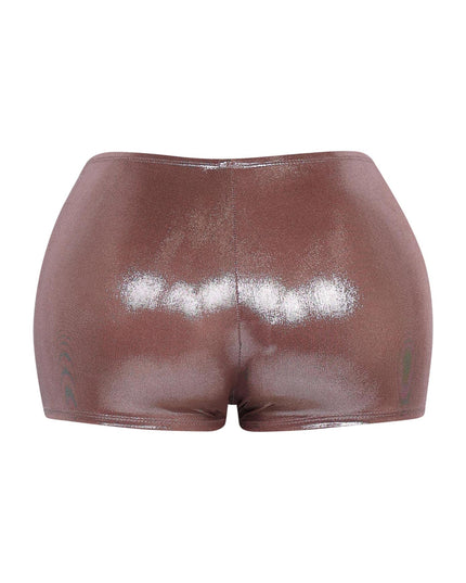  Mocha brown fitted mini shorts with liquid sheen and soft waistband
