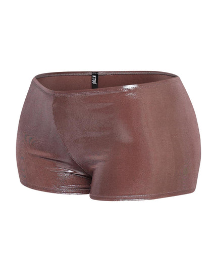 High-rise mocha shorts with curve-loving stretch and satin gloss

