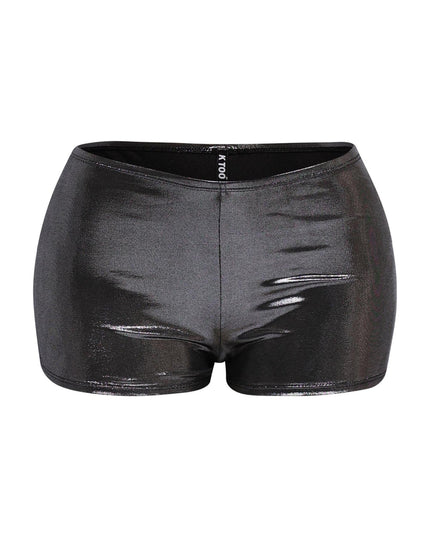 Black high waist mini shorts with sleek shimmer and second-skin fit