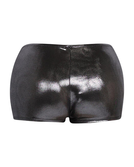 Shiny black short shorts with curve-hugging silhouette and smooth hem
