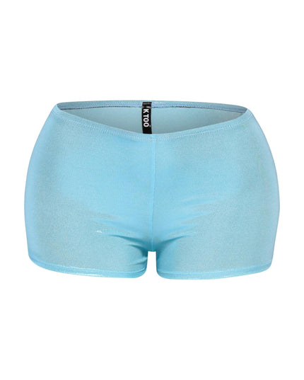 Turquoise metallic shorts with icy shine and body-hugging silhouette