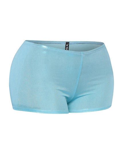 Shimmery turquoise mini shorts in high-rise fit with soft stretch