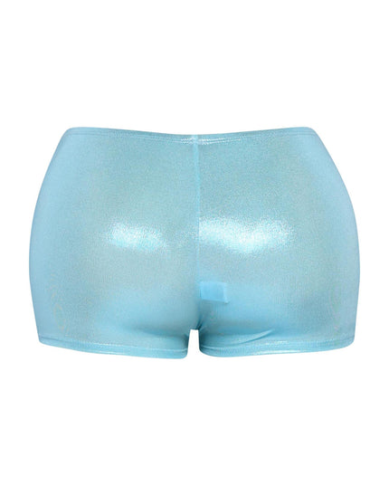 Pastel blue high waist hot pants with glossy wet-look finish