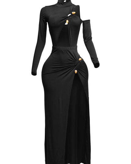 Cutout bodysuit & maxi skirt set w jewel trim - Muvin 