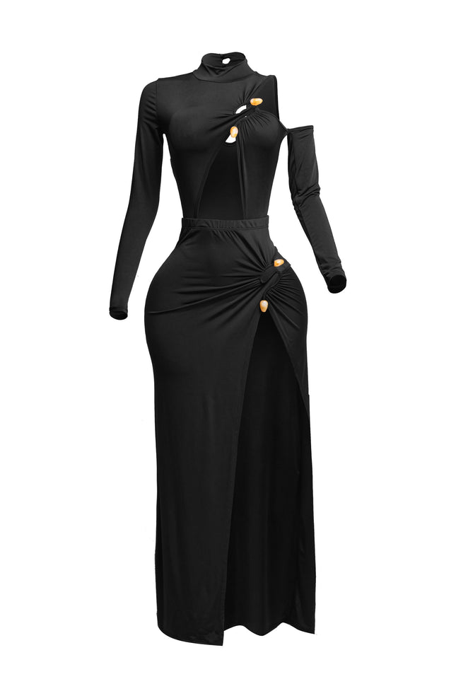 Cutout bodysuit & maxi skirt set w jewel trim - Muvin 