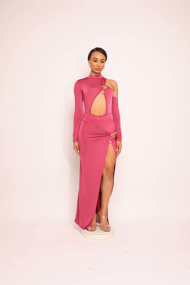 Cutout bodysuit & maxi skirt set w jewel trim - Muvin 