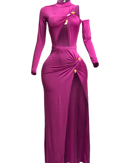 Cutout bodysuit & maxi skirt set w jewel trim - Muvin 