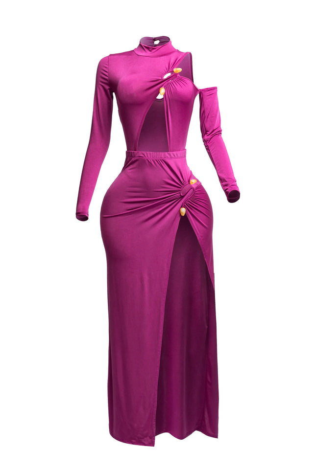 Cutout bodysuit & maxi skirt set w jewel trim - Muvin 