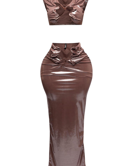Front view of metallic foiled tank top and high-waisted maxi skirt set with flex wire cutout detail