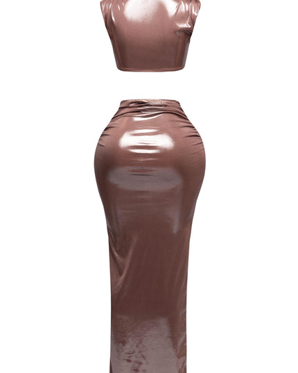Back view of metallic maxi skirt set, showcasing sleek, form-fitting silhouette