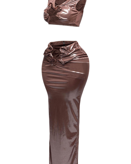 Left side view of the metallic foiled tank top and maxi skirt set with flex wire cutout details.