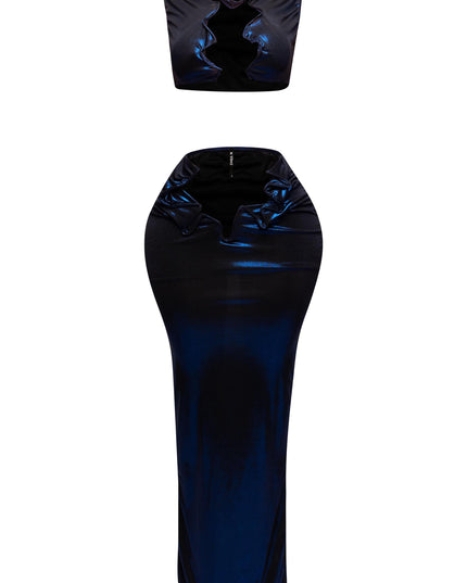 Front view of the metallic foiled tank top and maxi skirt set with cutout flex wire design.