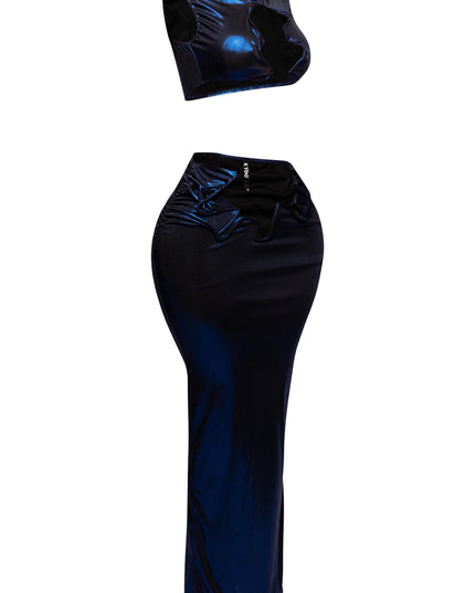 Left side view of the metallic foiled tank top and maxi skirt set with flex wire cutout details.