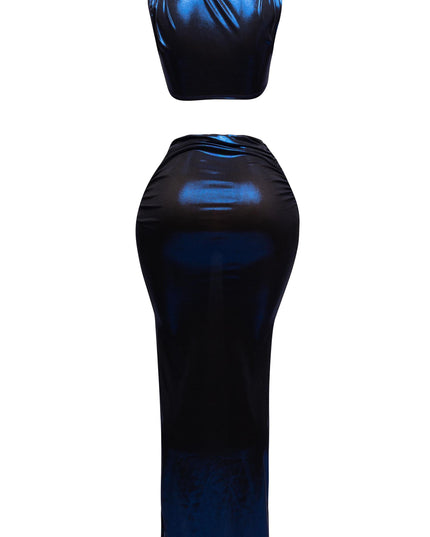 Back view of the metallic maxi skirt set, highlighting the sleek fit and smooth fabric.