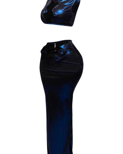 Left side image of the foiled tank top and high-waisted skirt with a sleek, modern look.