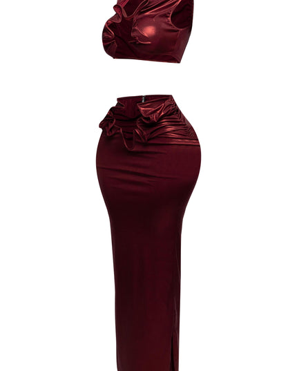 Side view of the foiled two-piece set from the right, showcasing the tank top’s unique cutout.