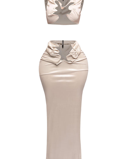 Full front image of the flex wire cutout tank top and sleek maxi skirt in metallic fabric.