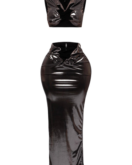 Front-facing look of metallic foiled two-piece set with tank top and flowing maxi skirt."