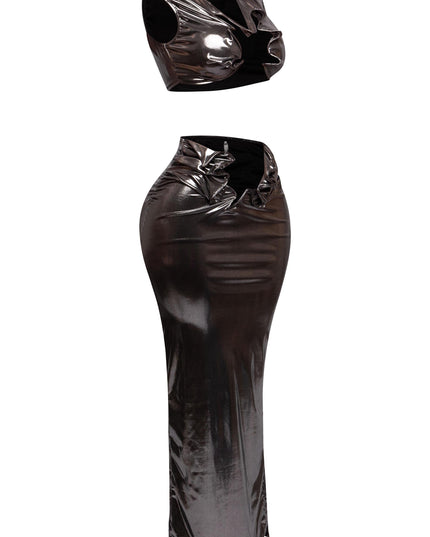 Right side view of the metallic tank top and maxi skirt set, showing the structured cutout design