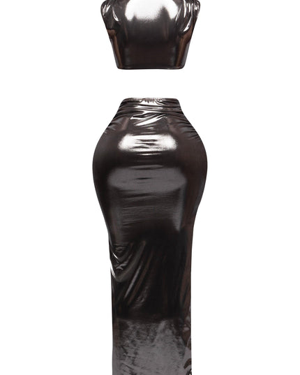 Rear image of metallic tank top and high-waisted skirt set with an elegant finish.