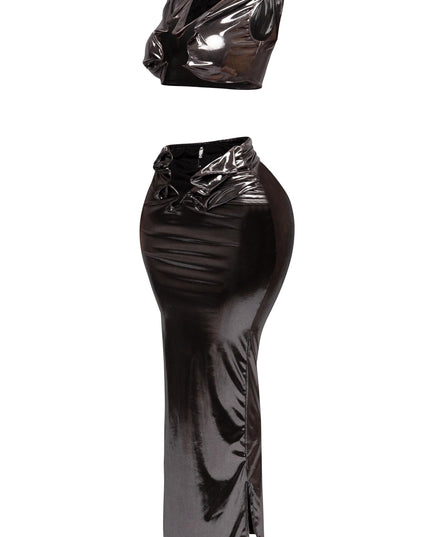 Right profile image of the flex wire tank top and high-waisted maxi skirt in metallic fabric.