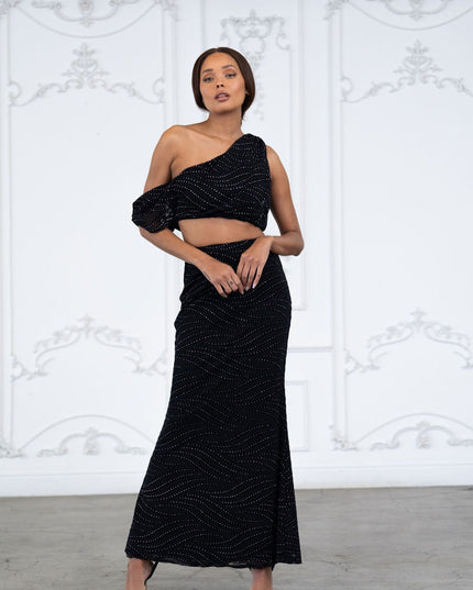 Glittered maxi skirt set with asymmetric off shoulder top - Muvin 