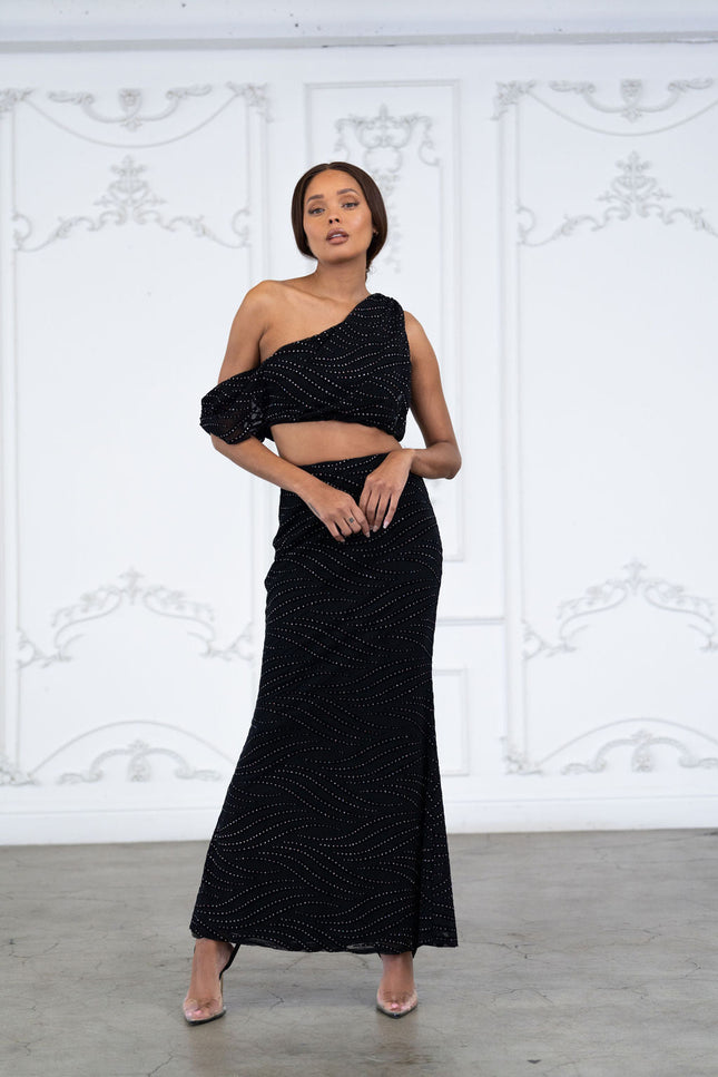 Glittered maxi skirt set with asymmetric off shoulder top - Muvin 