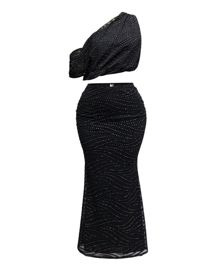 Glittered maxi skirt set with asymmetric off shoulder top - Muvin 