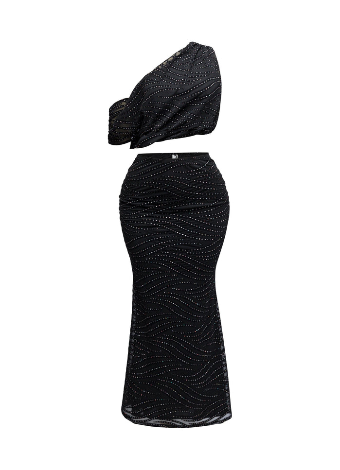Glittered maxi skirt set with asymmetric off shoulder top - Muvin 
