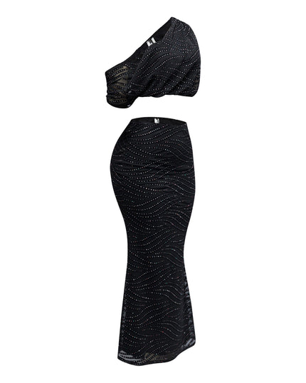 Glittered maxi skirt set with asymmetric off shoulder top - Muvin 