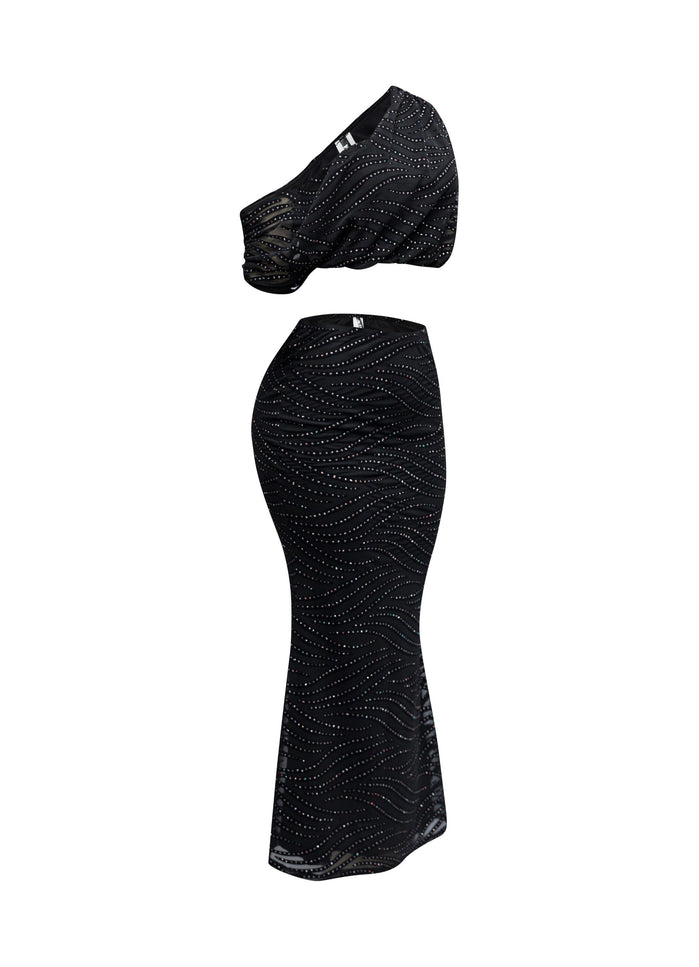 Glittered maxi skirt set with asymmetric off shoulder top - Muvin 