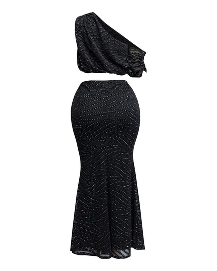 Glittered maxi skirt set with asymmetric off shoulder top - Muvin 