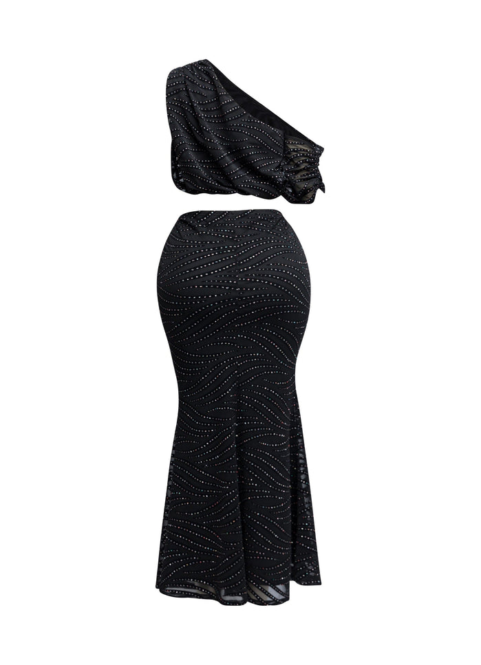 Glittered maxi skirt set with asymmetric off shoulder top - Muvin 