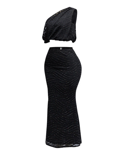 Glittered maxi skirt set with asymmetric off shoulder top - Muvin 