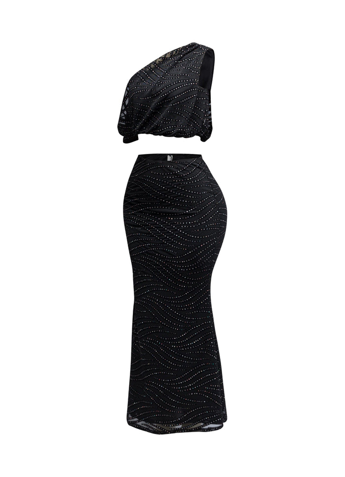 Glittered maxi skirt set with asymmetric off shoulder top - Muvin 